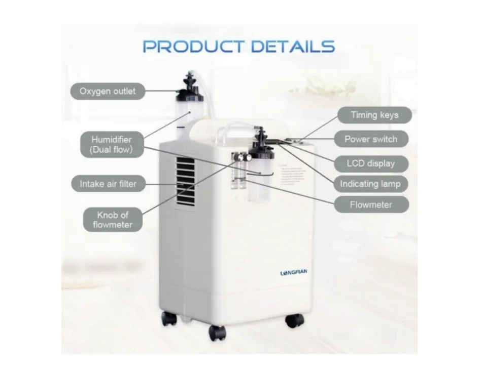 Longfian 5 LPM oxygen concentrator with humidifier and LCD display